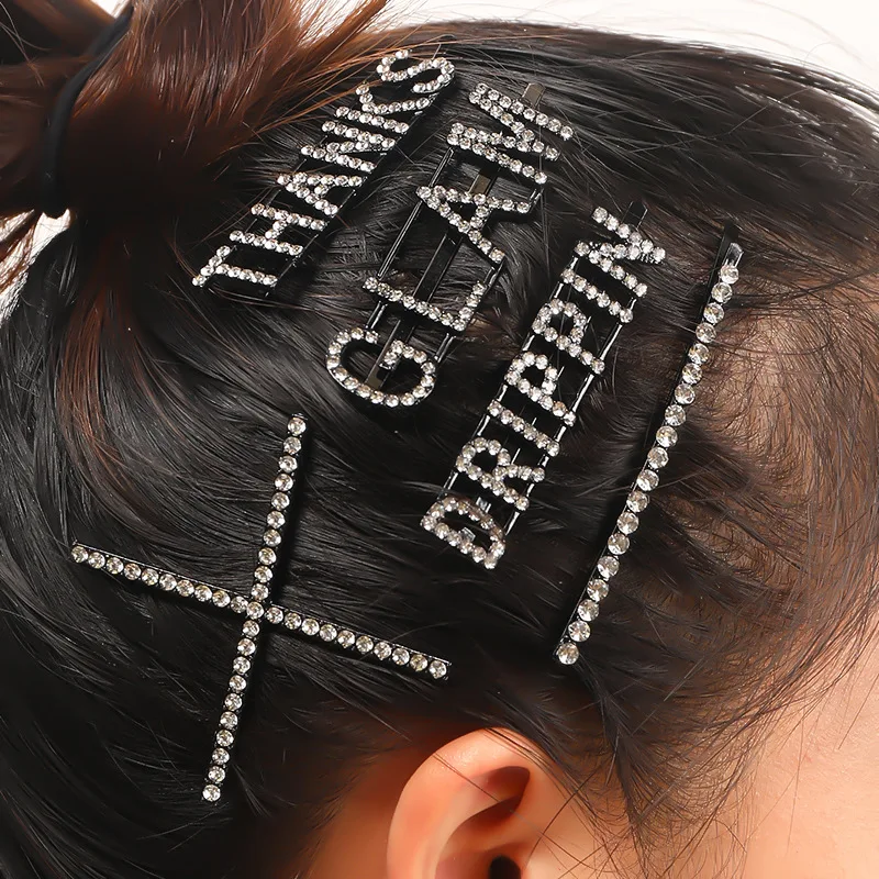 GLAM DRIPPIN X THANKS Crystal Shiny Rhinestone Hairpin Letter Hair Clips Barrettes Hair Styling black Accessories for Women Girl