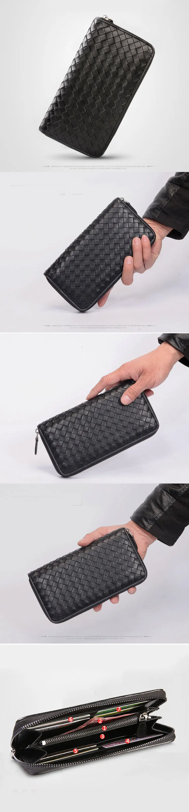 Genuine leather sheepskin woven wallet Women's long zip wallet European and American men's clutch