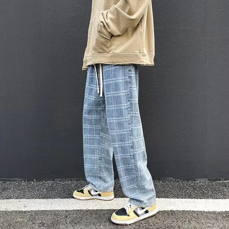 ICCLEK Men's Jeans 2021 Fall Men's Casual Pants Loose Straight Pants Fashion Plaid Casual Pants Mens Jeans  Patchwork Jeans