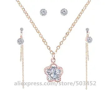 

200sets/lot Pentagram Clavicle Necklace with Long Chain Pendant Earring Necklaces Crystal Rhineston Fashion Style Jewelry Set