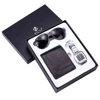 

Mens Watches Luxury Steel Quartz Watch Folding Leather Wallet Fashion Sunglasses Men Gift Set for Christmas Valentine Fast Ship