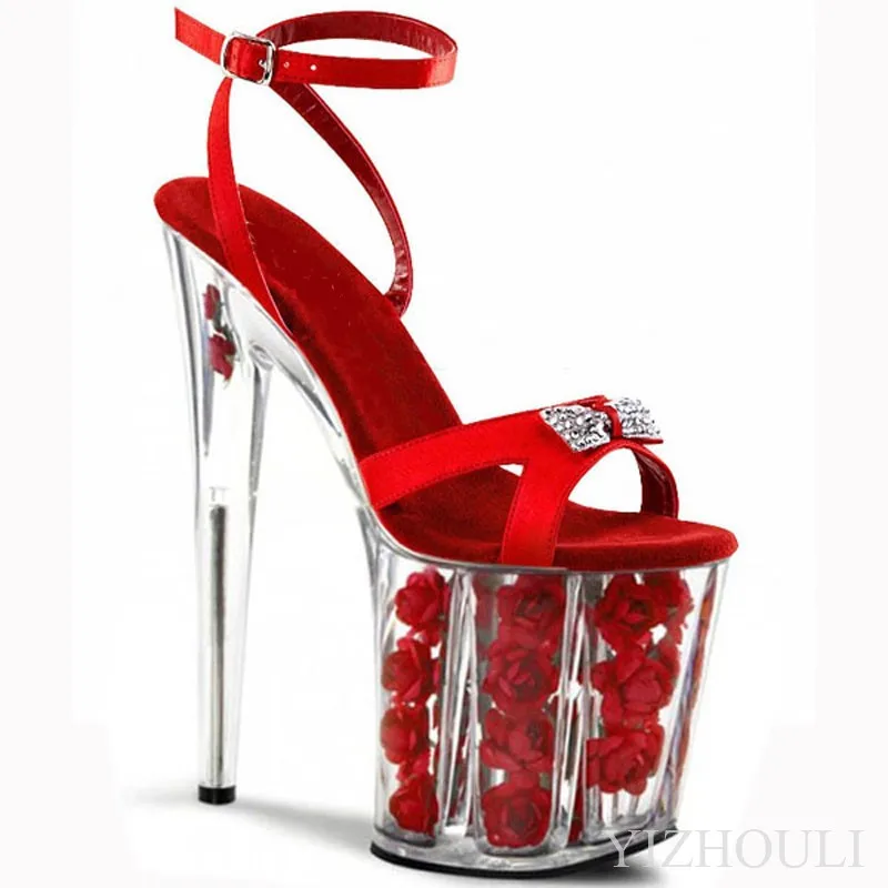 

Sexy fashion sandals, thin heels 20cm steel tube dancer shoes, transparent rose platform, bare feet with sandals