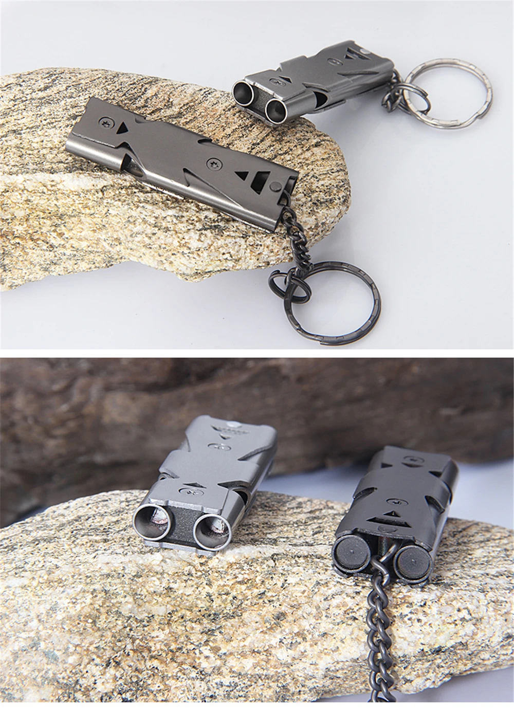 Description Picture 6 of itemOutdoor Survival Whistle High Decibel Double Pipe Whistle Stainless Steel Keychain Cheerleading Emergency Multifunction Tools