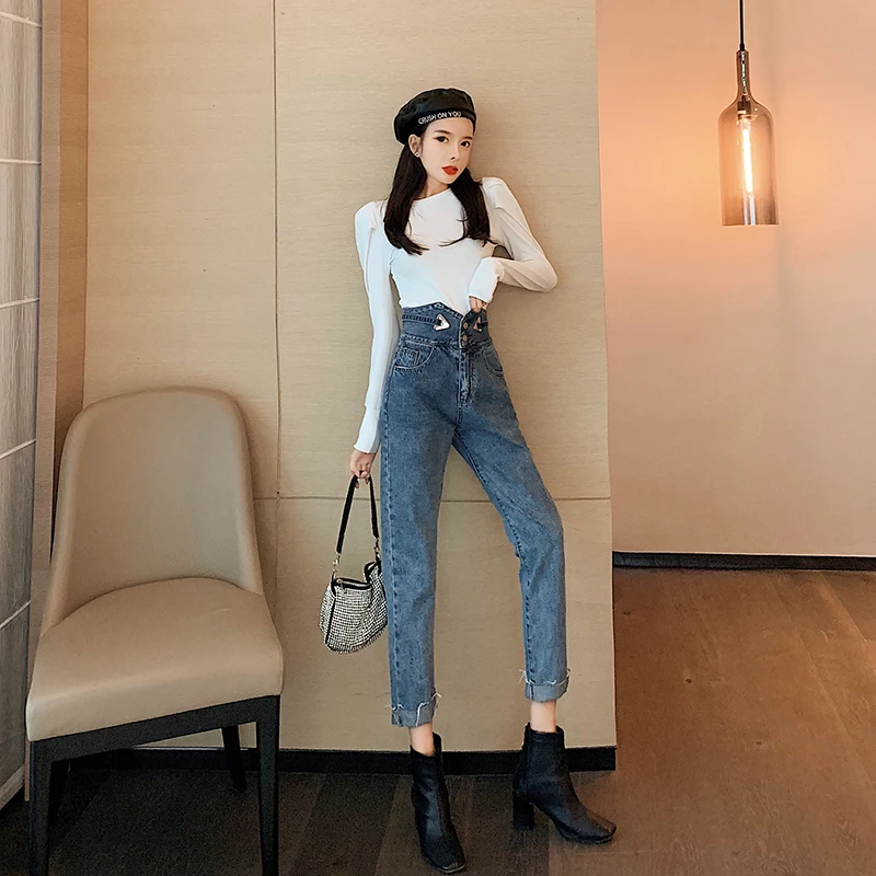 Корейский стиль, женская мода, две пуговицы, высокая талия, джинсы для офиса, женские элегантные джинсовые брюки, винтажные дизайнерские узкие брюки