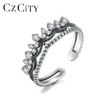 

CZCITY 925 Silver Sterling Fashion Vintage Crown Zircon Open Rings for Women Adjustable Retro Bohemia Rings Statement Jewelry