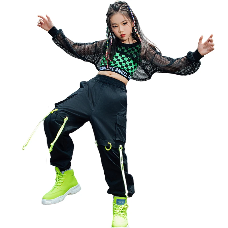 Ballroom Hip Hop Dancing Clothes Girls Net Tops Green Lattice Vest Loose Black Hip Hop Pants Jazz Street Dance Stage Wear BL7107