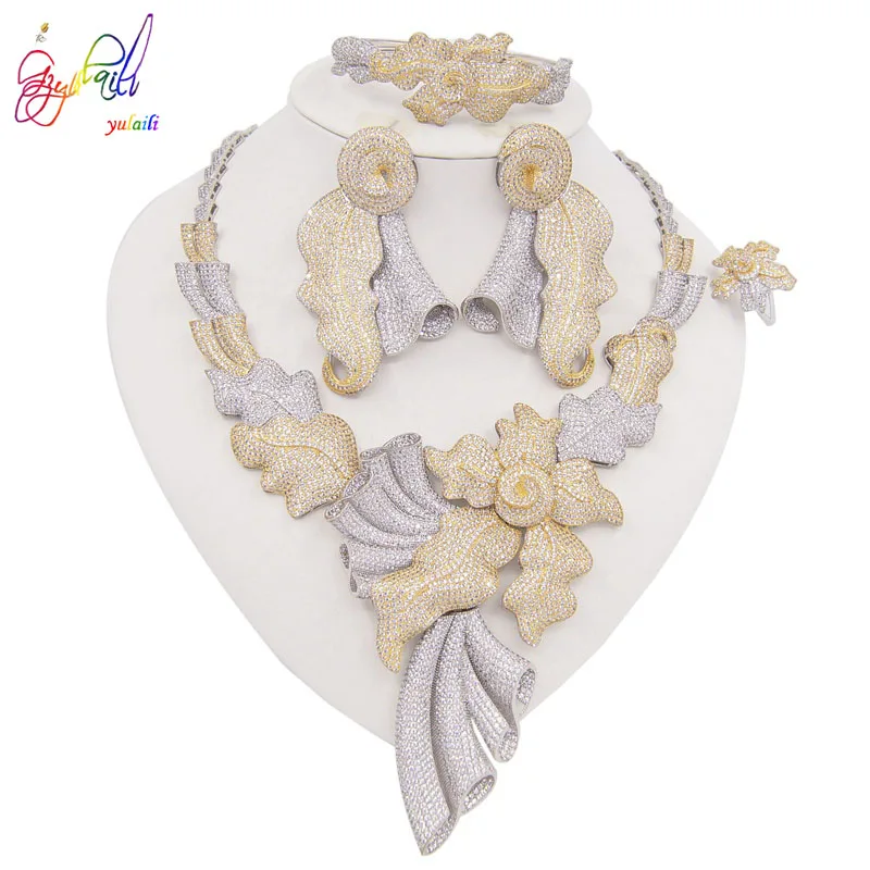 Yulaili New America Jewelry Sets for Women Luxury Cubic Zirconia Necklace Earrings Bracelet Ring Wedding Jewellery Accessories
