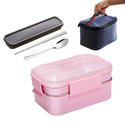 Двойной Ланч-бокс 304 из нержавеющей стали Bento Box функция изоляции пищевой контейнер простой в использовании - Цвет: Pink-Set