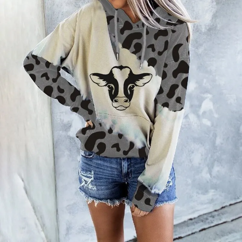 

2021 Spring Women Posket Cute Cattle Printed Black and White Spots Graffiti Loose Pullover Urban Casual Hoodies Sweatshirt