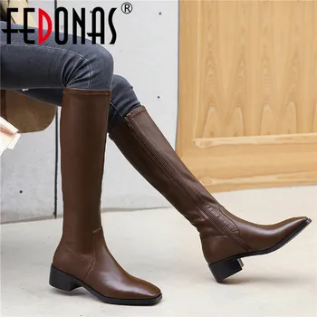 

FEDONAS Female Newest Side Zipper Shoes Woman 2020 Winter Square Toe Thick Heels Boots Boots Fashion Basic Knee High Boots