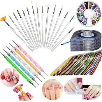 

Nail Brush Dotting Pen Kit Nail Art Decoration Striping Tape 12 Colors Rhinestones Pallet Set Manicure Supplies