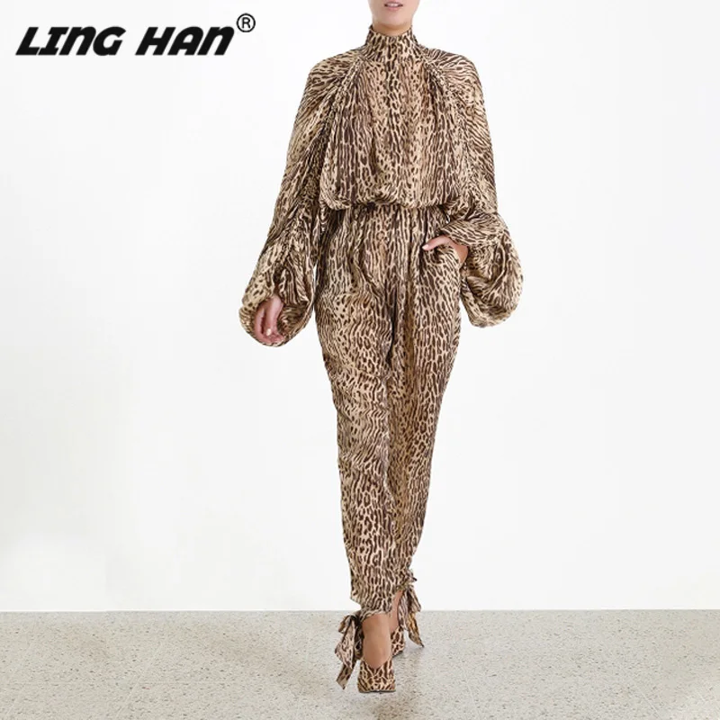 

LINGHAN Fashion Leopard sets Women's Puff Sleeve Scarf Top + pencil Pants Two Piece Set Designer Runway New Female