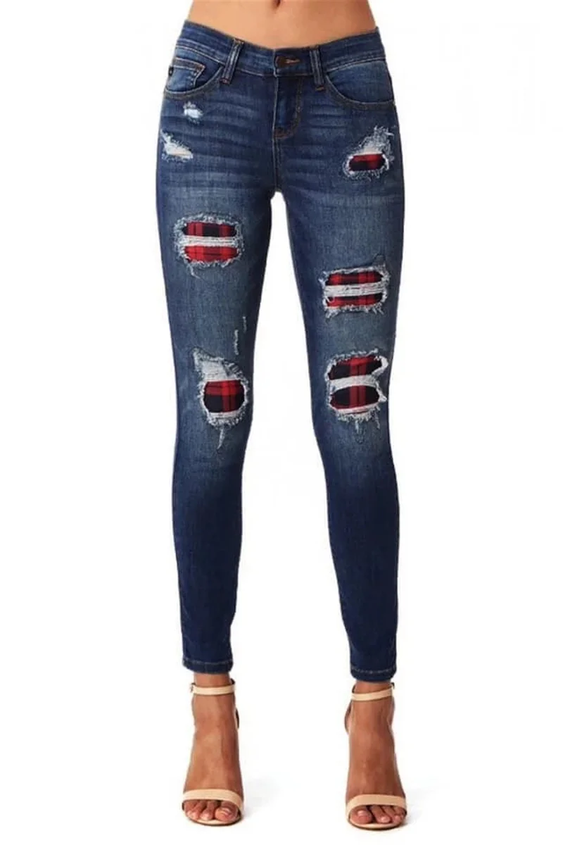 Goedkoop Usa Vrouwen Ripped Elastische Jeans Stijlvolle Spanje Strecth Full Potlood Plaid Jeans Vrouwen Winter Pop Lady Hoge Taille Gat Broek