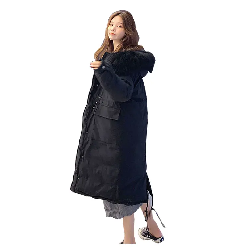 Koop Chic Bontjas Hooded Winter Down Jas Oversized Warme Jas Lange Slanke Vrouwen Katoen gevoerde Gewatteerd Parka vrouwelijke jas