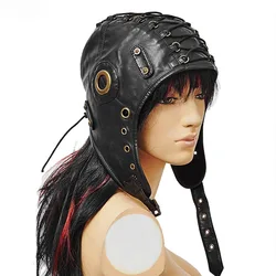 Aboutcos Punk Style Cap Leather Cosplay Caps Black Hats Steampunk Military Cool Flying cap Rivet Headwear Unisex Cos Props Club