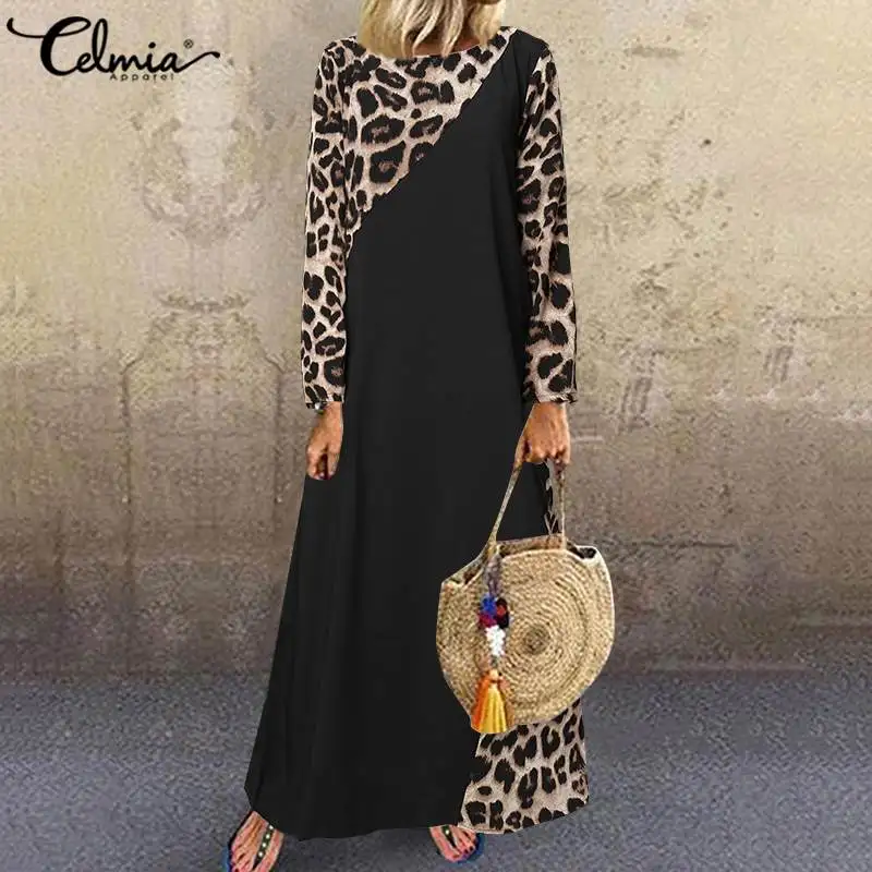 Celmia Dress Fashion Kaftan Patchwork Leopard Maxi Long Dress Women Vintage Dress Long Sleeve Casual Loose Vestidos Party Robe Celmia Dress Fashion Kaftan Patchwork Leopard Maxi Long Dress Women Vintage Dress Long Sleeve Casual Loose Vestidos Party Robe