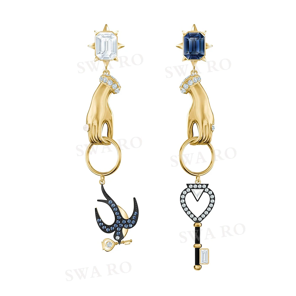 

SWA RO 2019 New TAROT MAGIC Pierced Earrings Mystery Symbol Swallow, Key and Hand Crystal Earrings give Girlfriend Romantic Gift