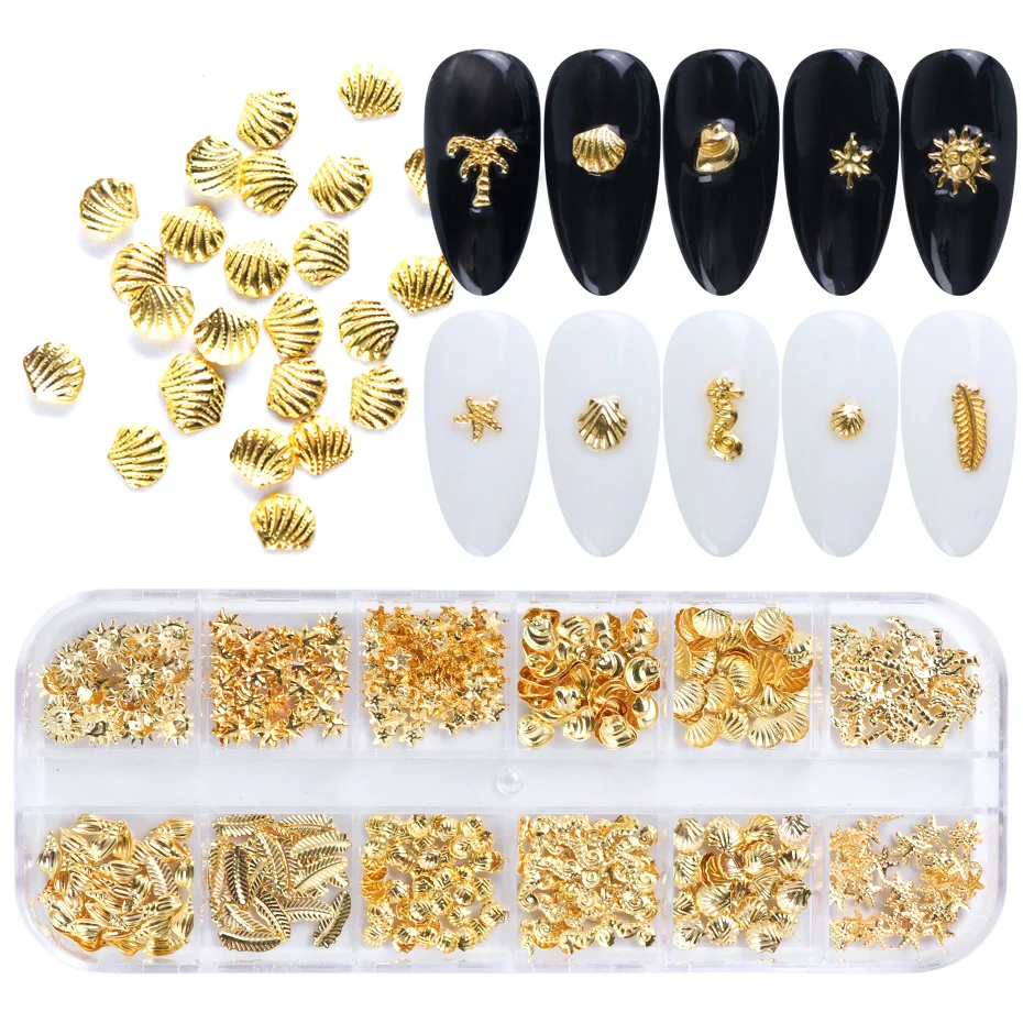 12 видов конструкций металлические ломтики 3D украшения для дизайна ногтей Звездные украшения части золотые блестки маникюрные шпильки подвески аксессуары для ногтей TR25-1