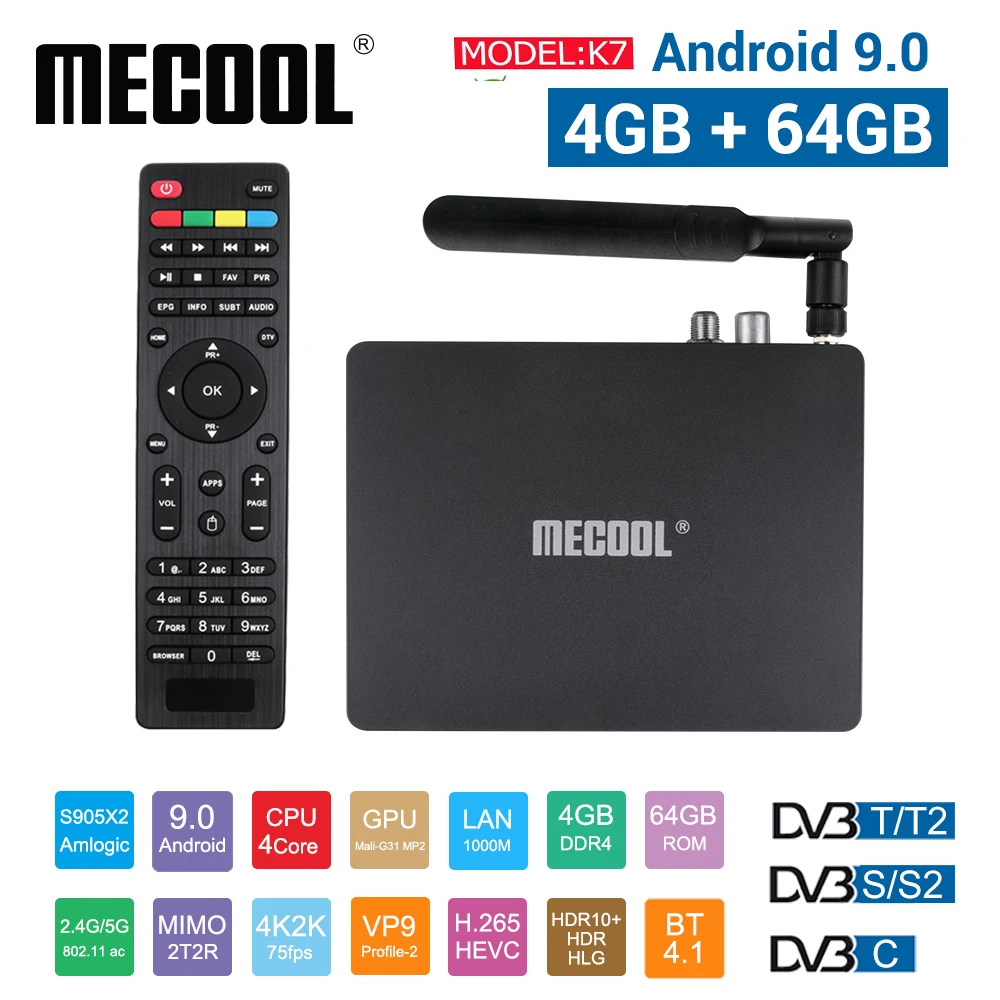 Умная ТВ-приставка MECOOL K7 Android 9 0 Amlogic S905x2 2 4G Wi-Fi LAN 10/100 м Bluetooth 4 1 ГБ 64 DVB S2/S T2/T C |