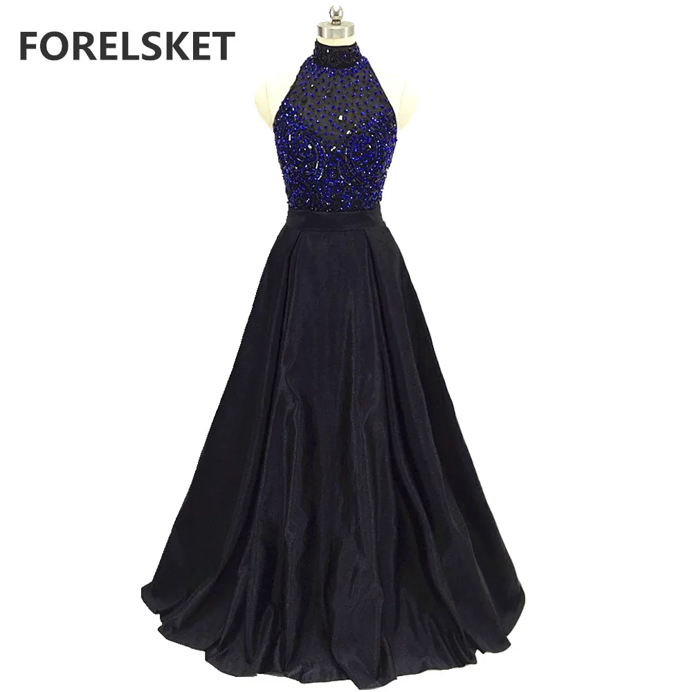 

Sequined Halter Long Black Satin Prom Dresses 2020 Crystal Beading Formal Evening Party Dress Open Back Illusion Robe De Soiree
