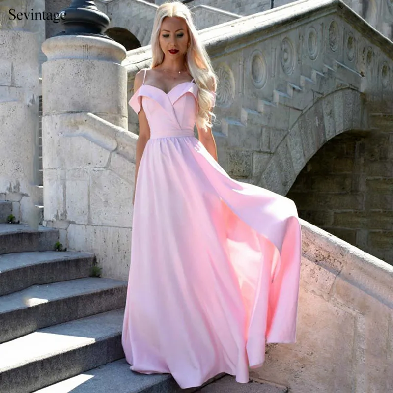 

Sevintage Elegant Cheap Simple Sweetheart Prom Dress Pink Spaghetti Strap Pleats Women Evening Party Dresses robe de soiree 2020
