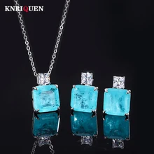 

Vintage 100% 925 Sterling Silver 12*12mm Paraiba Tourmaline Necklace Pendant Earrings for Women Charms Wedding Fine Jewelry Sets