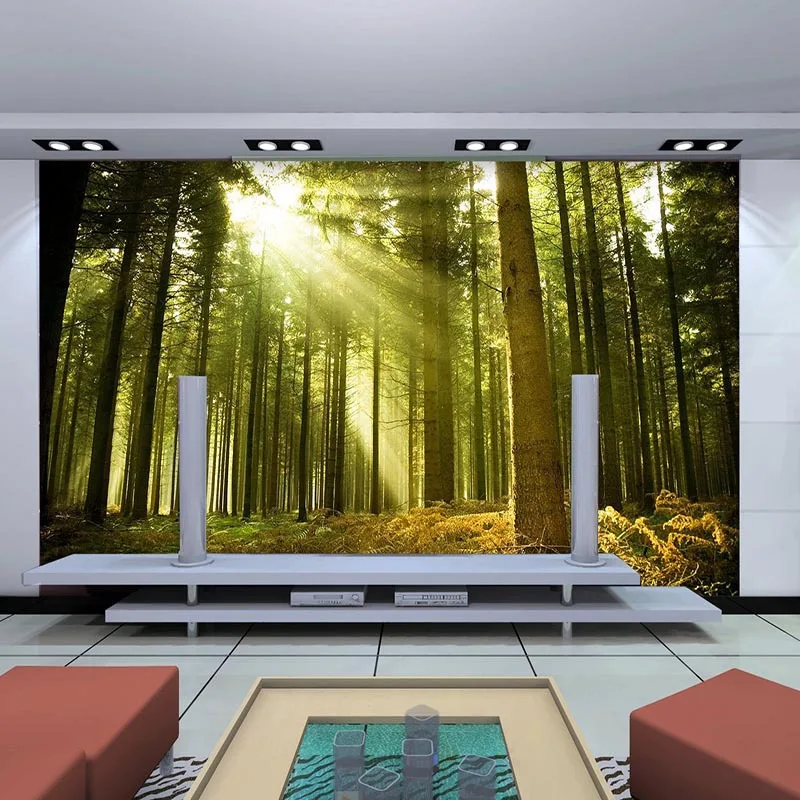 

customized wallpaper mural landscape painting with forest trees sunshine behind TV sofa bed as background in living room3D