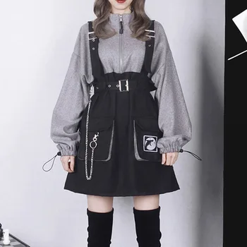

Two Piece Sets Original Gothic Long Hoodie Dress Detachable Strap Belt Black Grey Stitching Japanese Two-piece Hoodies Dress