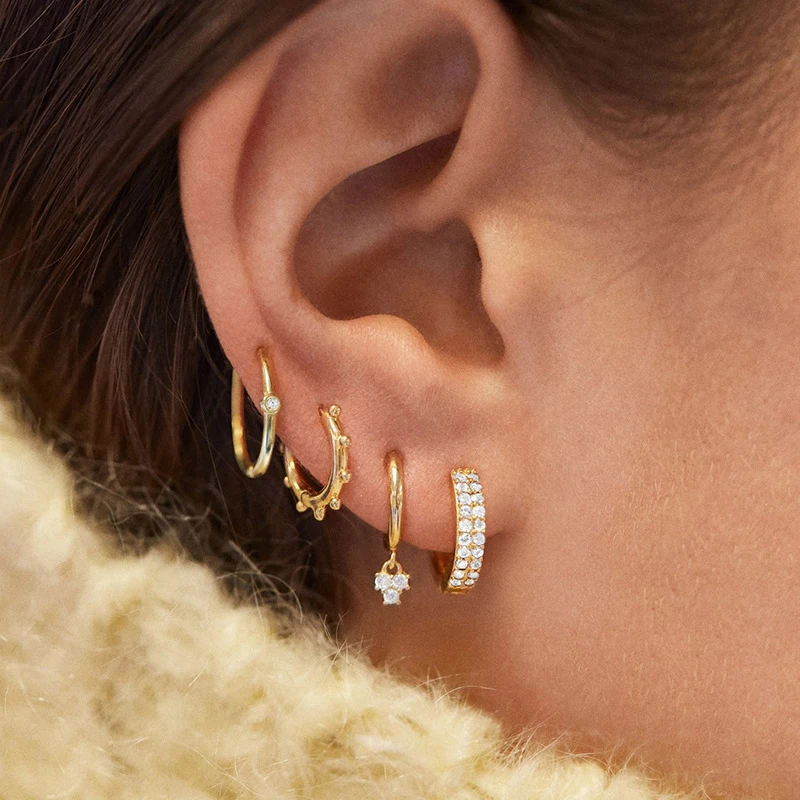 Fashion Hoop Earrings For Women Gold Color Exaggerate Small CZ Zircon Geometric Jewelry 5 Pair/Set | Украшения и аксессуары