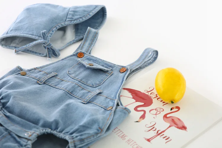 Autumn New Little Children Denim Sleeveless Fashion Rompers with Hat Toddler Baby Strap Cowboy Cotton Suspender Pant Cloth