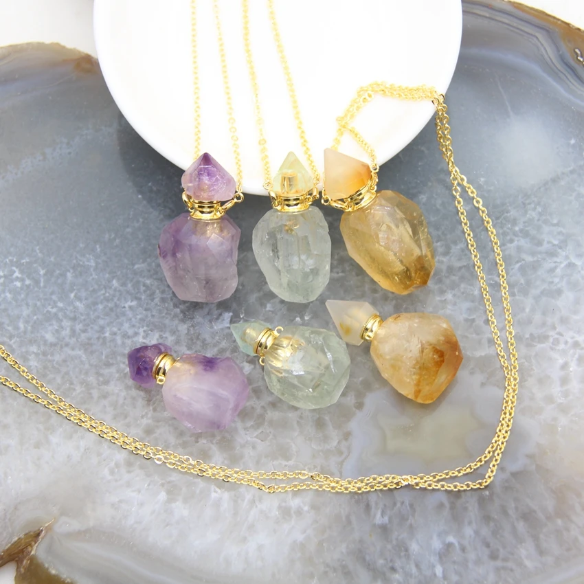 Raw Amethysts/Citrines Perfume Bottle Pendant Necklace,Natural Green Crystal Gems stone Essential Oil Diffuser Vial Charms Chain