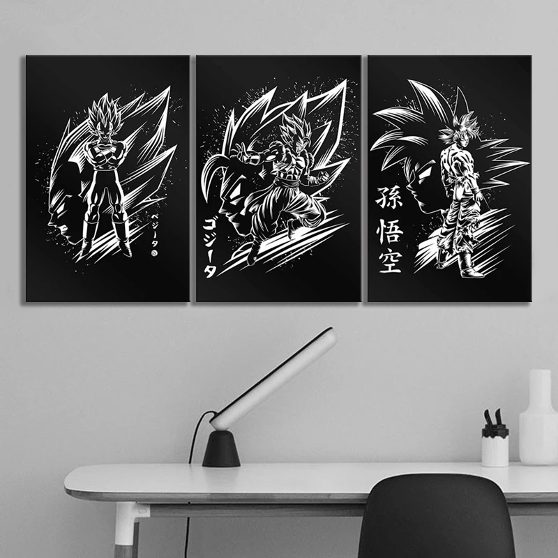 3 шт. черно-белые картины на холсте Dragon Ball Z Goku/vegeta/vegetto аниме плакат HD Настенная картина для украшения спальни