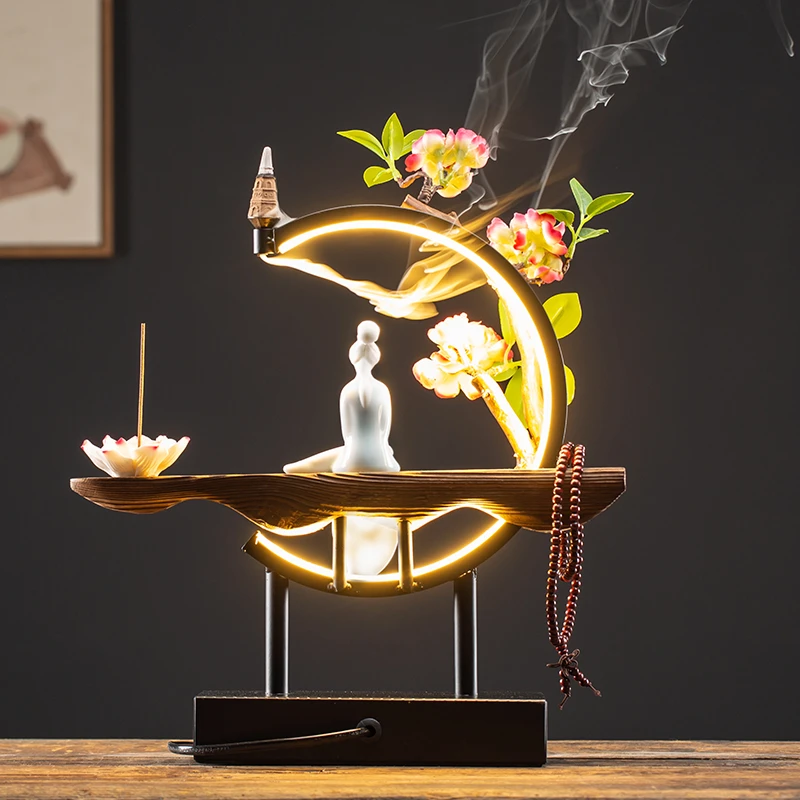 Waterfall Backflow Incense Burner Lady Flower Ceramic Incense Holder with LED Light Zen Buddha Censer Flower Incense Stick Rack