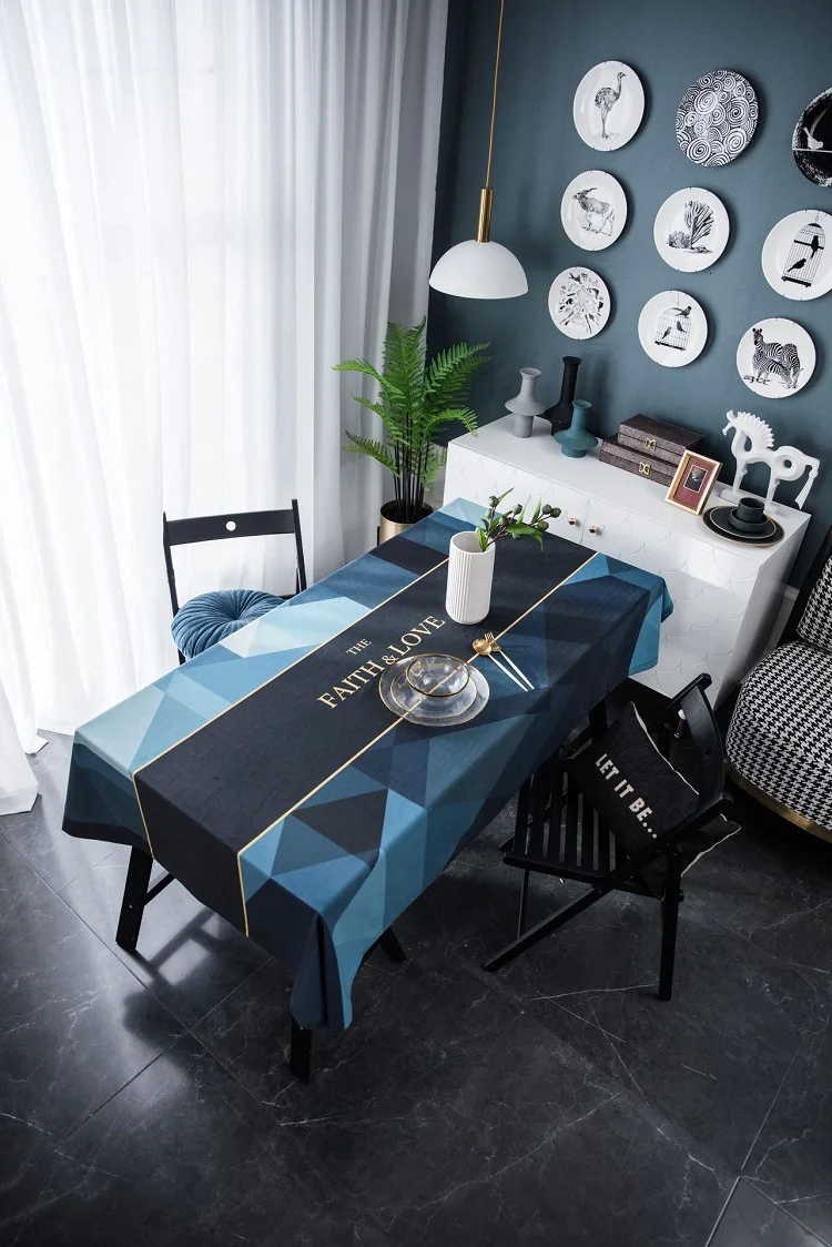 Бархатная прямоугольная скатерть для обеденного стола золотистого и синего цвета с геометрическим рисунком для свадебной вечеринки, кухонная скатерть из полиэфирного волокна