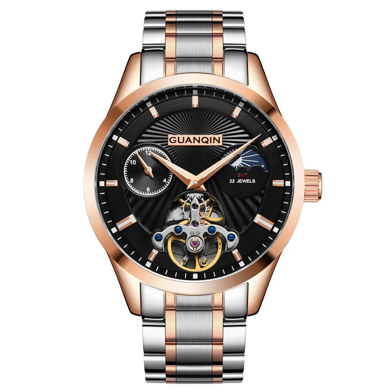 GUANQIN GJ16105 часы мужские люксовый бренд Tourbillon Moon Phase relogios masculino Скелет Мужские автоматические механические часы - Цвет: black rose gold