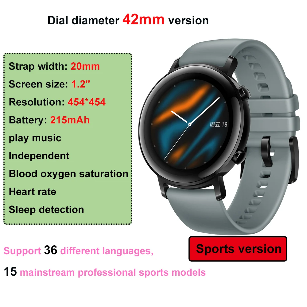 Huawei Watch GT/GT 2 Смарт-часы Bluetooth 5,1 может говорить о крови кислородный трекер Spo2 музыкальный плеер часы для Android IOS - Цвет: 42mmLake light cyan