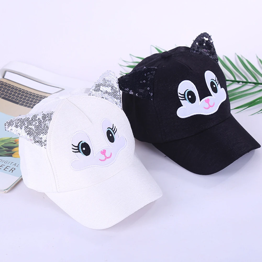Soft Sequin Adjustable Girls Skin Friendly Embroidery Outdoor Baseball Caps Cute Cat Ears Breathable Children Sun Hat Summer