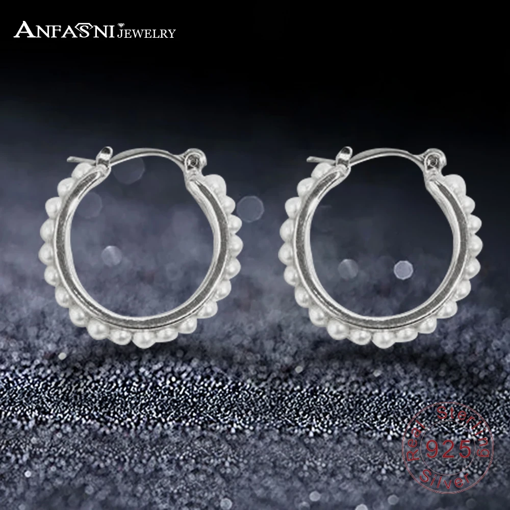 

ANFASNI Elegant 925 Sterling Silver Round Pearl Stud Earrings With Clear Cubic Zirconia Round Shape Earrings Compatible Jewelry