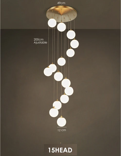 All Copper Aesthetics Glass Ball Chandelier Duplex Apartment Stair Chandeilers Luxury Hotel Villa Lobby Ceiling Hanging Light 15HEAD