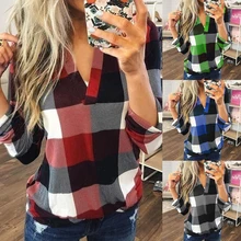 Осенние женские футболки для йоги клетчатая футболка плюс размер с v-образным вырезом Повседневная Женская рубашка блузка свободная футболка с длинными рукавами спортивные топы хит