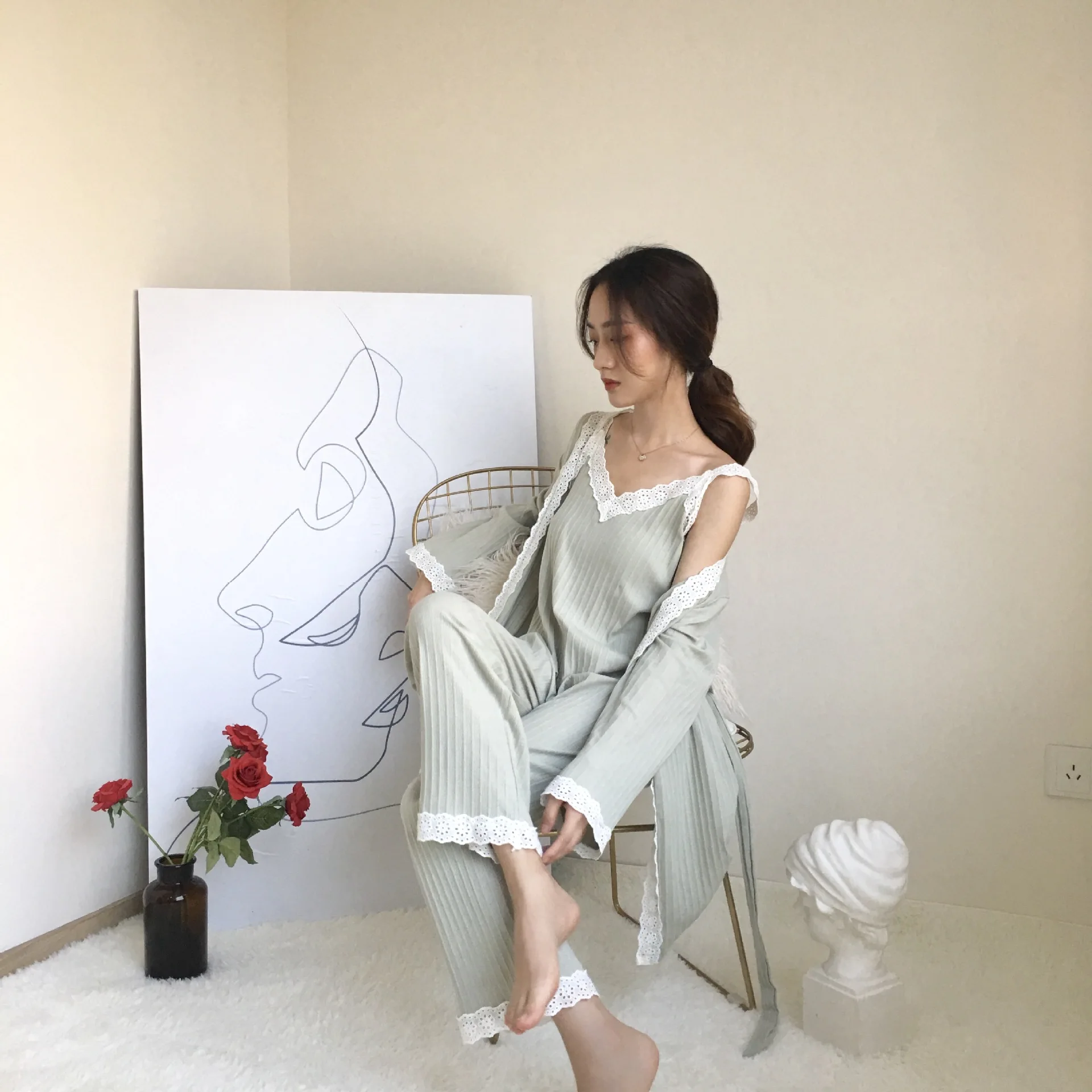 

Pajamas women's autumn long-sleeved comfortable cotton home service suit sexy three-piece can be worn outside homewear sleepwear
