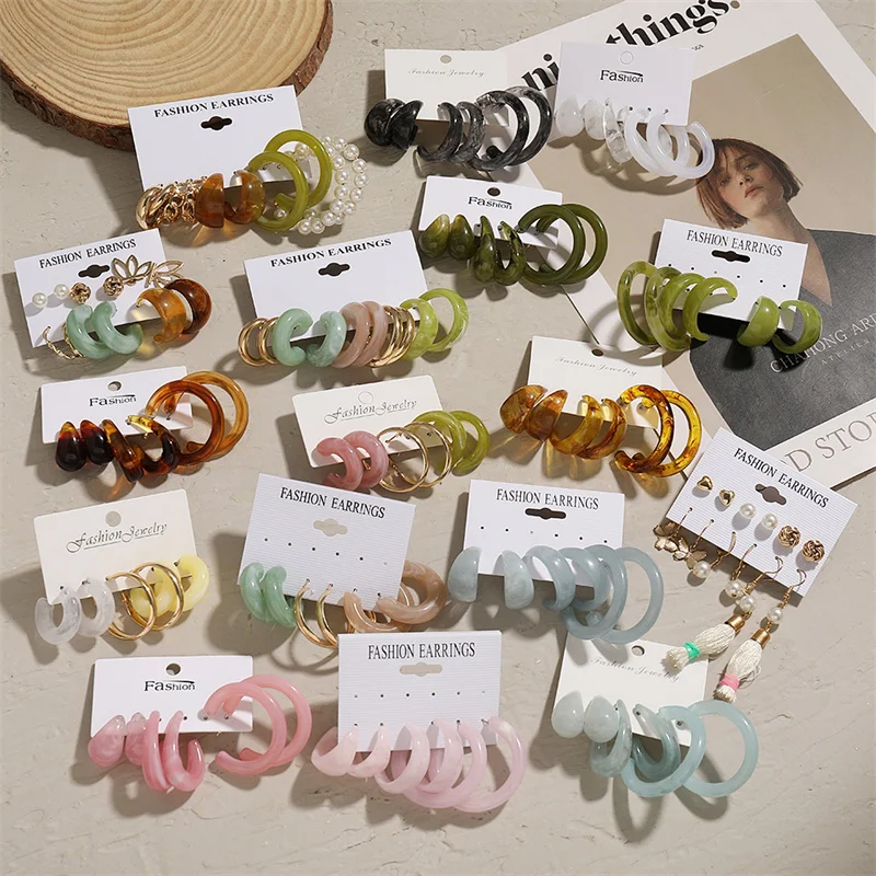 Fashion Colorful Resin Earrings Set  Pearl Hoop Candy Color 2021 New Style for Women Flower Heart Butterfly Cross Earrings