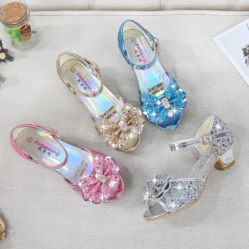 ULKNN Kids Leather Shoes for Girls Flower Casual Glitter Children High Heel 2021 Girls Shoes Butterfly Knot Blue Pink Silver children's sandals