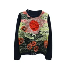 Новая американская мода вязаный свитер Ранняя весна рассвет вышивка круглый вырез длинный рукав женский короткий топ