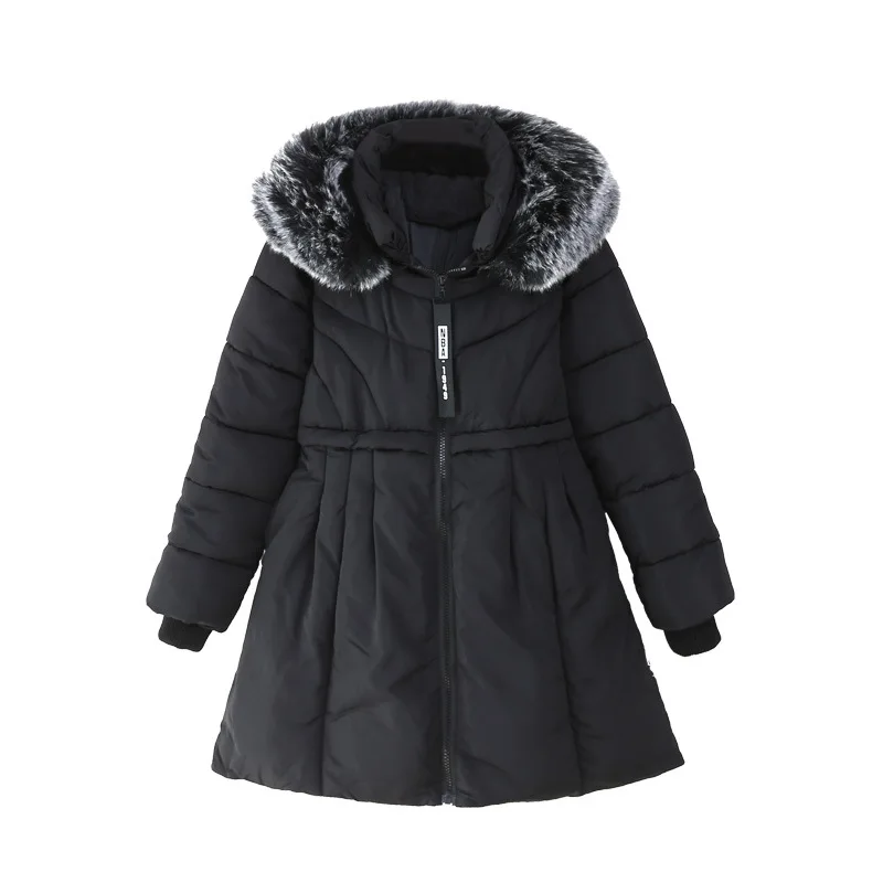 Зимние пальто с капюшоном и меховым воротником для девочек; детская теплая верхняя одежда; Одежда для девочек-подростков; детская парка; пальто для девочек; От 6 до 16 лет - Цвет: Черный