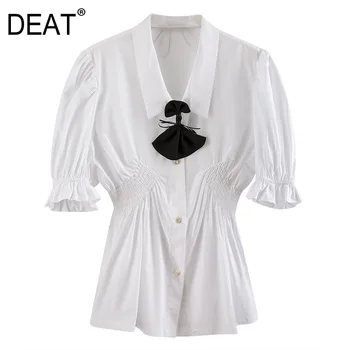 

DEAT 2020 new summer turn-down collar flare short sleeves elastic single breasted white cotton shirt female blouse WM67600L