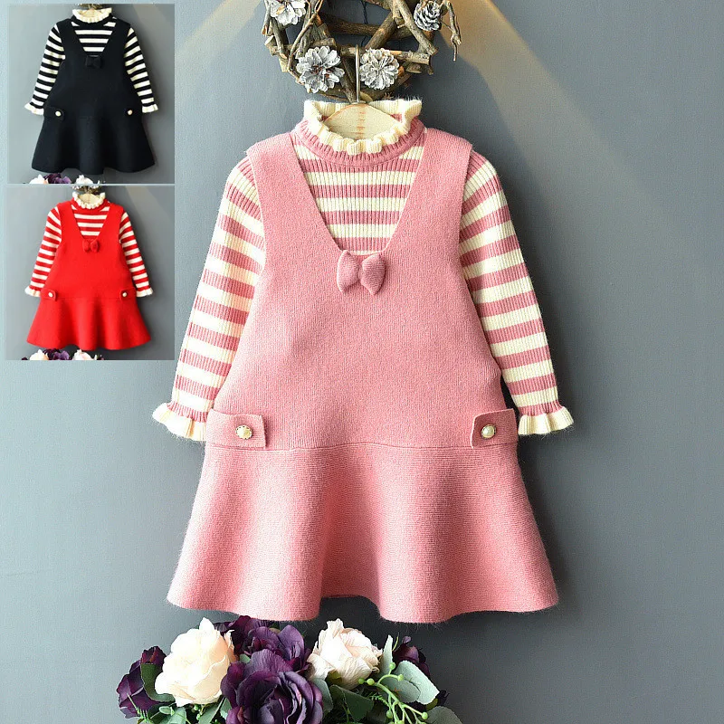 Yorkzaler Autumn Winter Knitted Children Clothing Set For Girl Striped Sweater With Dress Girl 2pcs Outfits Christmas Suit 3Y-7Y