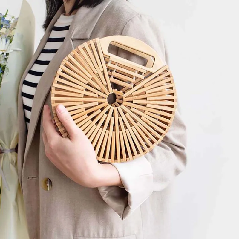 

Women Circular Rattan Bamboo Bag Handwoven Bali Handbags Handmade Bamboo Tote Bag (With Scarf)