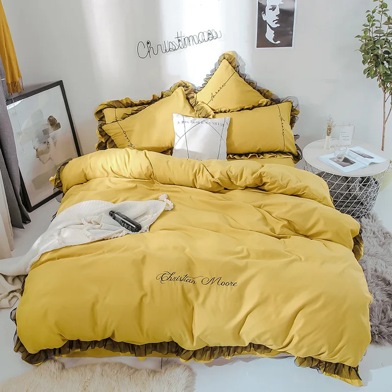 

New Style Simple Solid Color Lace Skin-Friendly Cotton Brushed Embroidered Four-piece Set INS Wind Goddess-Bedding Article