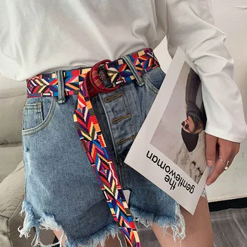 Ethnic Style Fashion Canvas Printed Striped Belt D Ring Buckle Women Waist Strap Jeans Dress Female Decoration Waistband 1